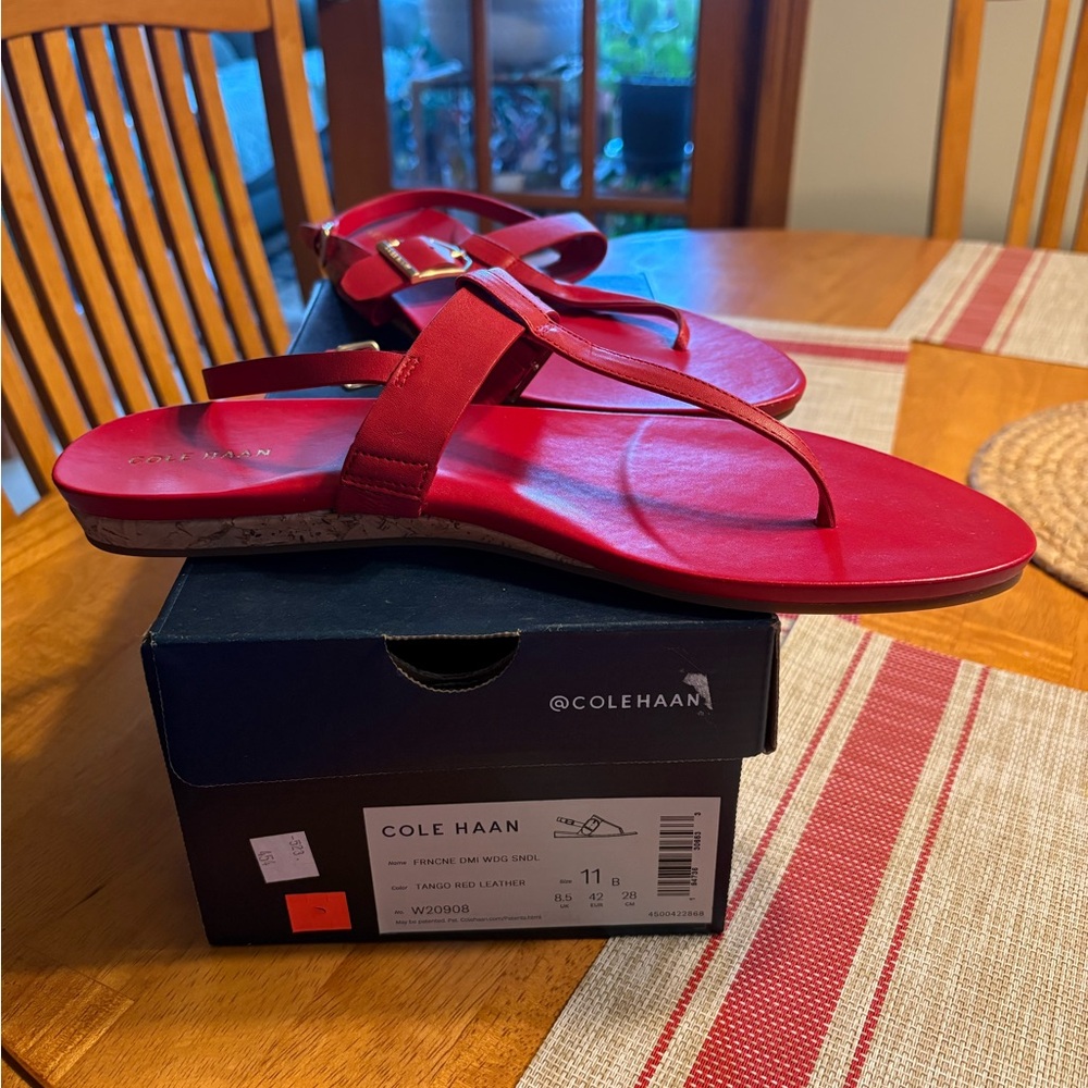 Cole Haan Red Leather T-Strap Thong Sandals
